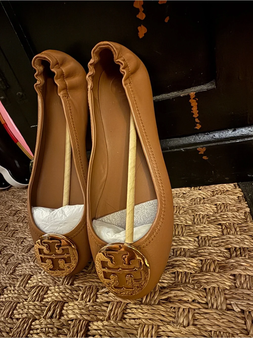 Tory Burch Tan Leather Ballet Flats with Gold Logo